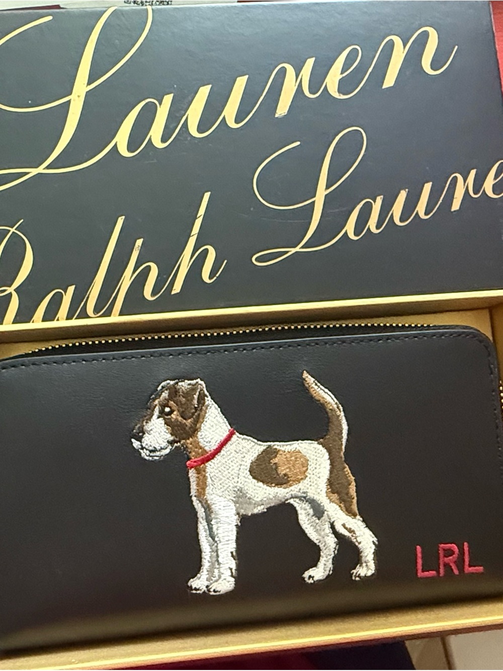 Ralph Lauren Black Wallet with Embroidered Brown & White Dog
